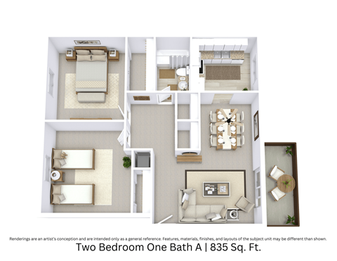 3D floor plan with an angled view of the Two Bedroom One Bath A layout, showing room flow and furniture placement across 835 Sq. Ft.